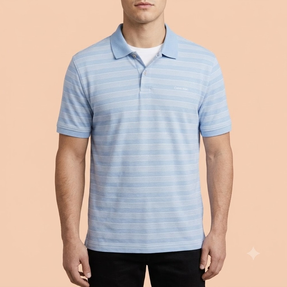 Calvin Klein Polo Shirt Mens Large Blue White Striped Short Sleeve Casual